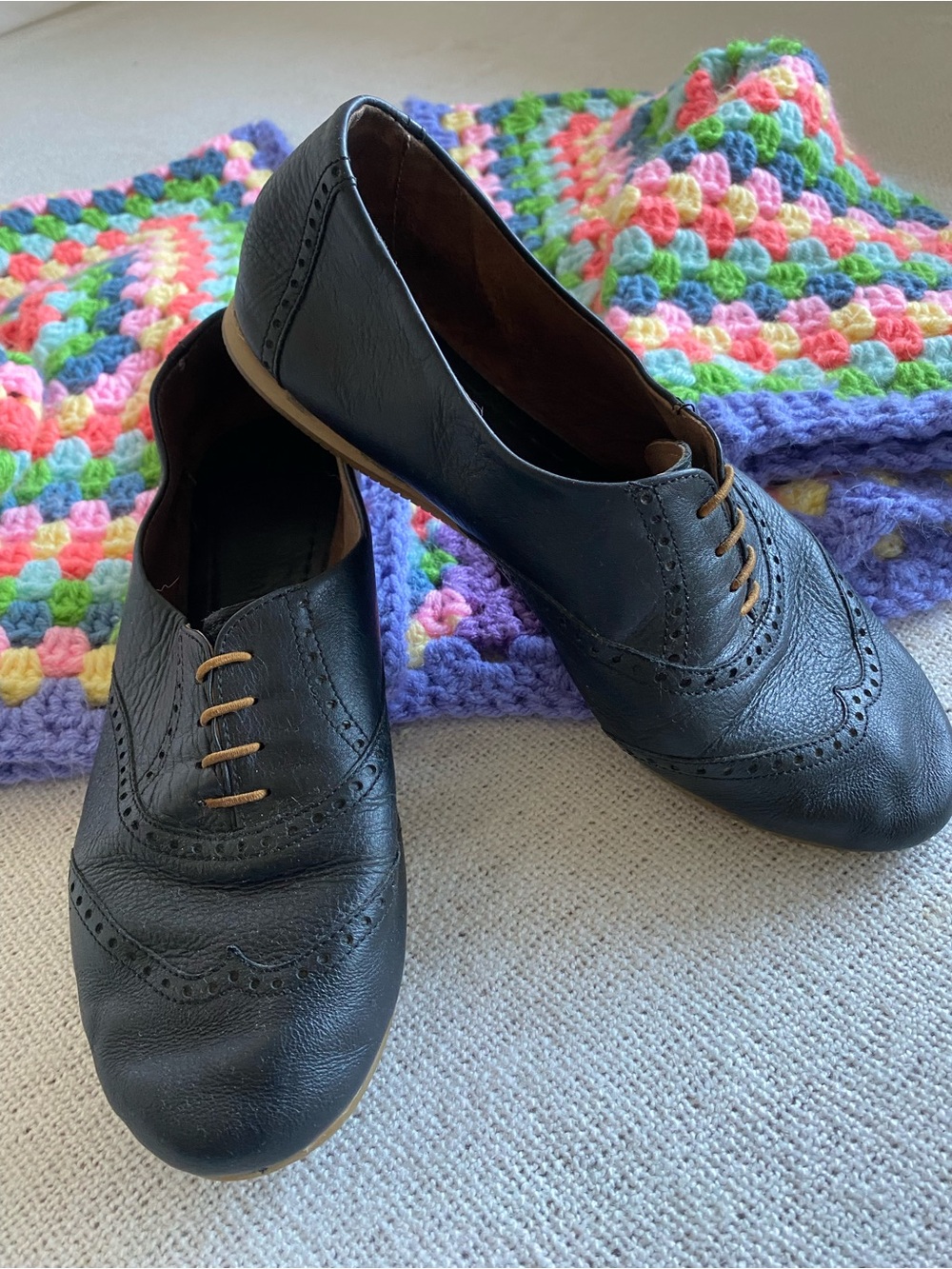 Poppy Barley Black Leather Wingtip Oxford Shoes 7.5 Brogue